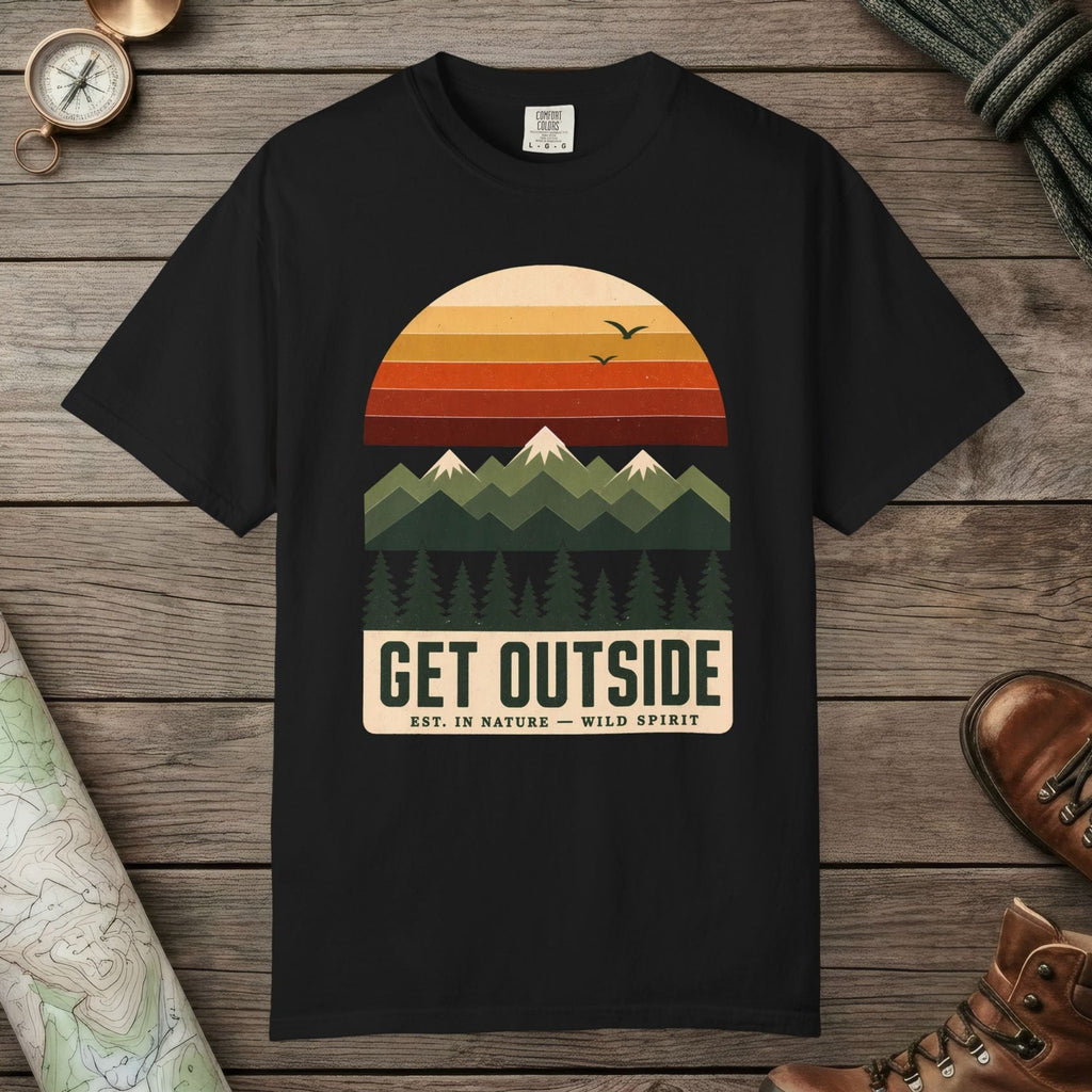 Black color unisex graphic t-shirt with "Get Outside" design