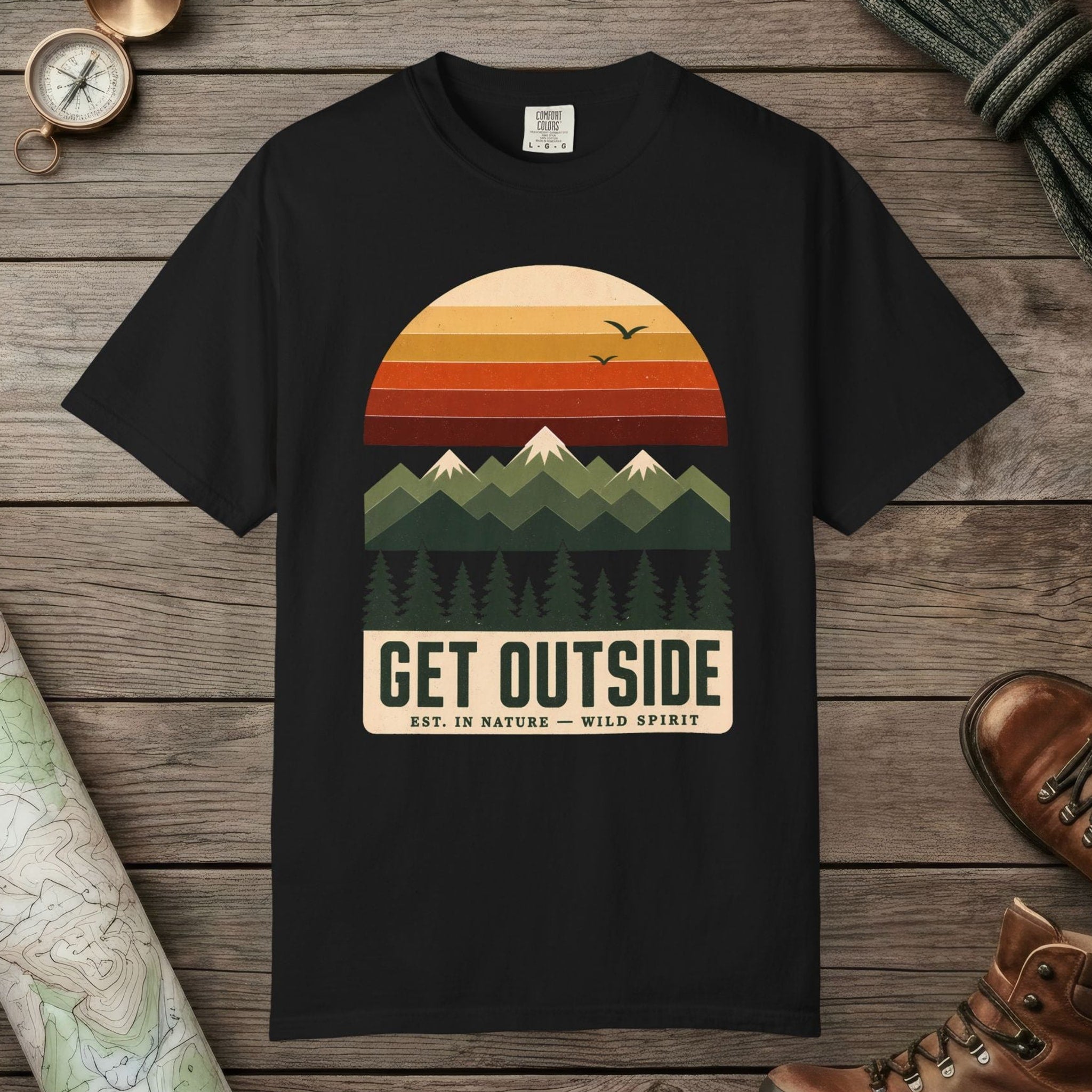 Black color unisex graphic t-shirt with "Get Outside" design