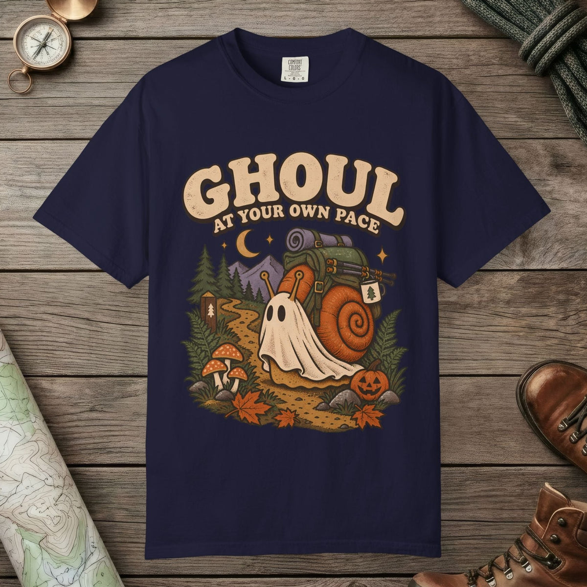 True Navy color unisex graphic t-shirt with "Ghoul At Own Pace" design