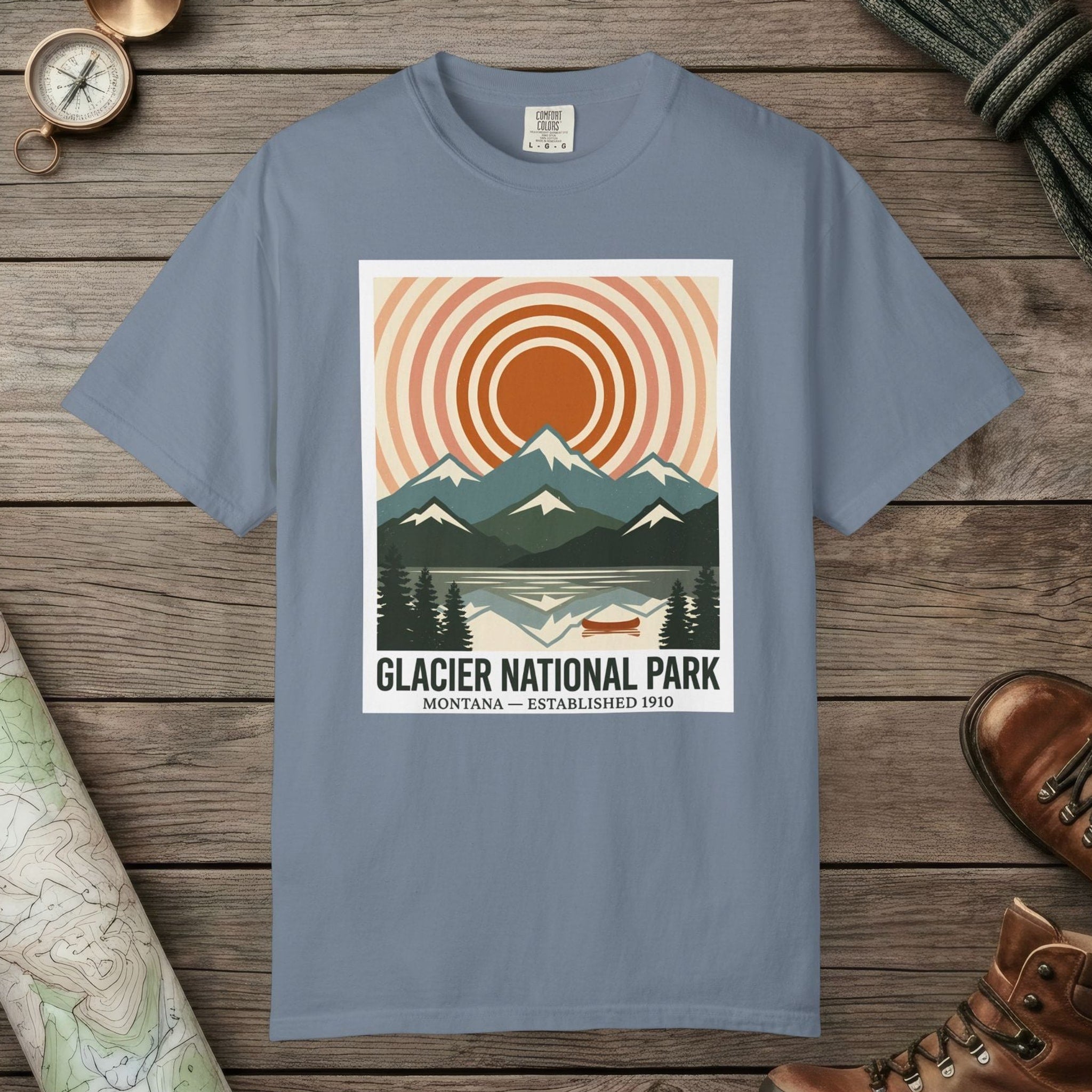 Blue Jean color unisex graphic t-shirt with "Glacier National Park" design