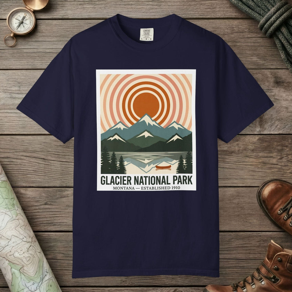 True Navy color unisex graphic t-shirt with "Glacier National Park" design