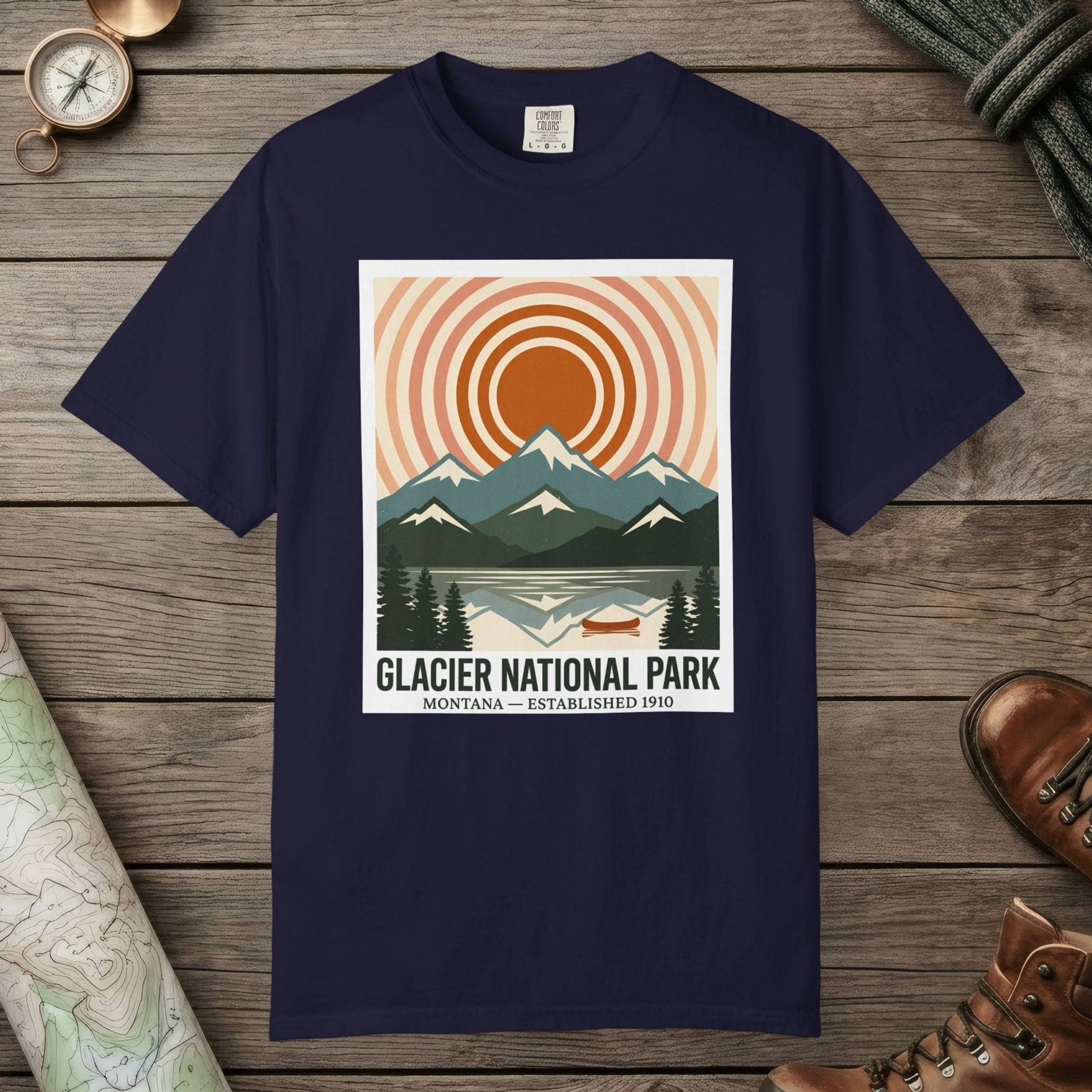 True Navy color unisex graphic t-shirt with "Glacier National Park" design