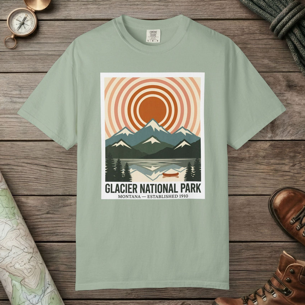 Bay color unisex graphic t-shirt with "Glacier National Park" design