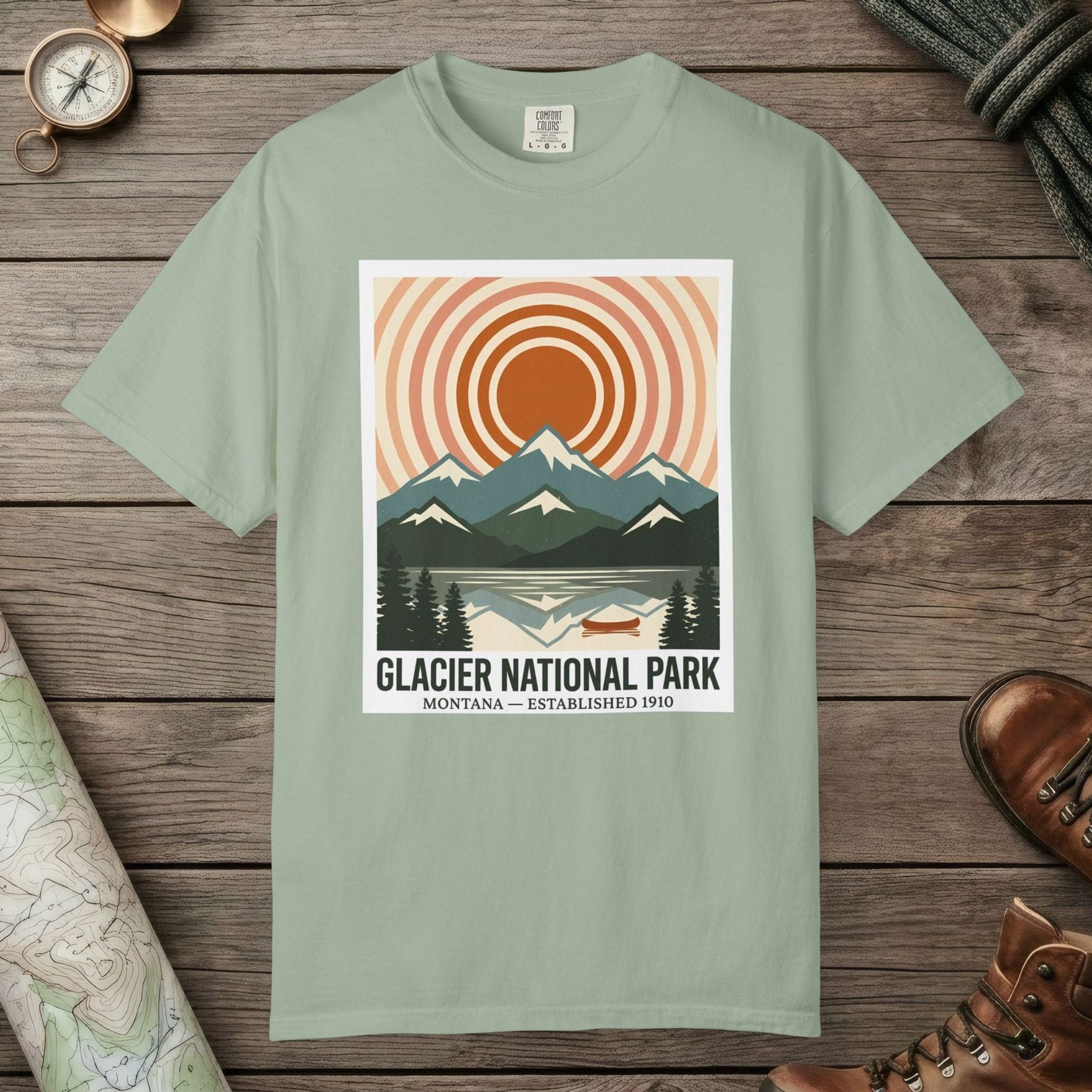 Bay color unisex graphic t-shirt with "Glacier National Park" design