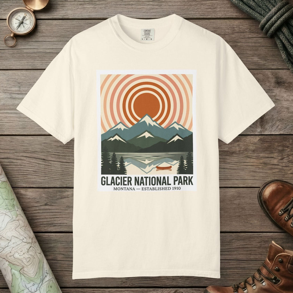 Ivory color unisex graphic t-shirt with "Glacier National Park" design
