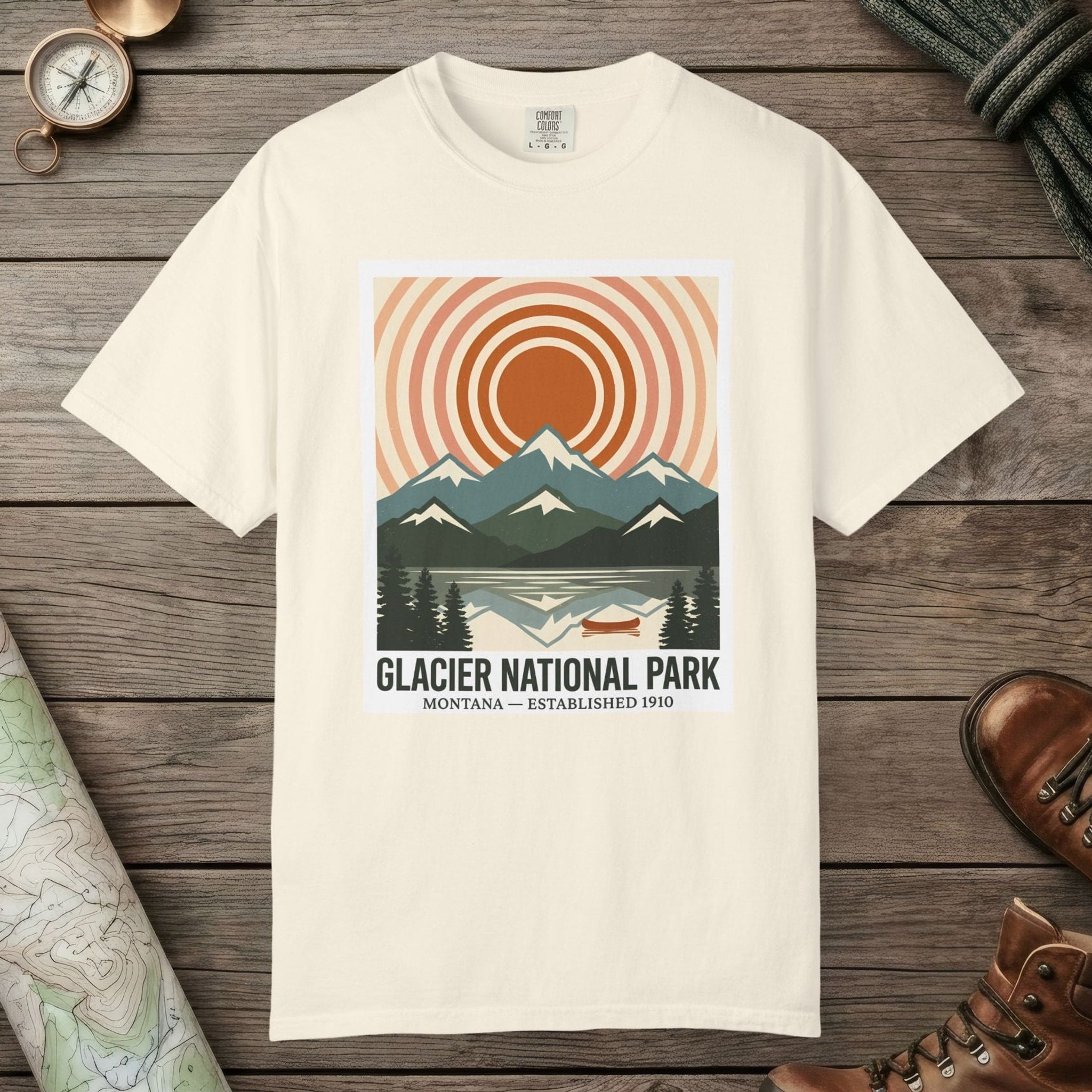 Ivory color unisex graphic t-shirt with "Glacier National Park" design