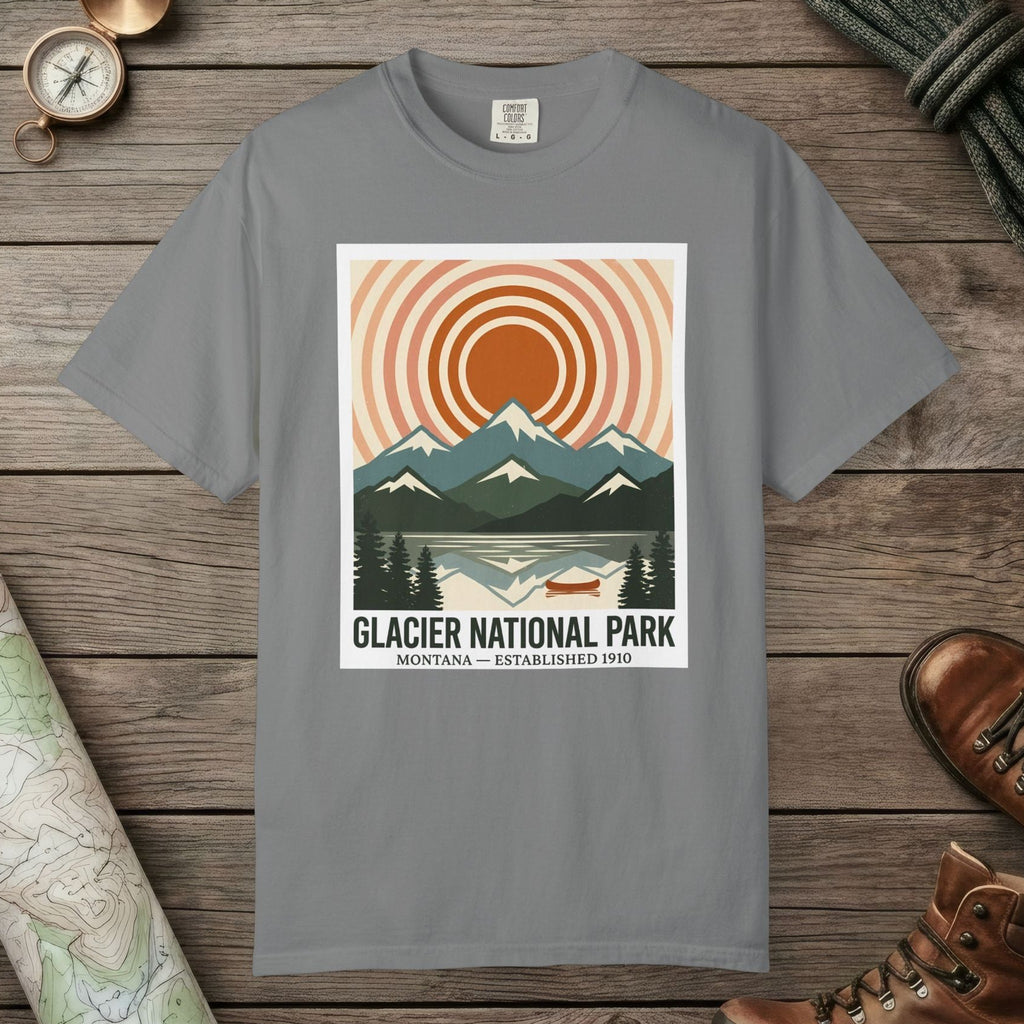 Grey color unisex graphic t-shirt with "Glacier National Park" design