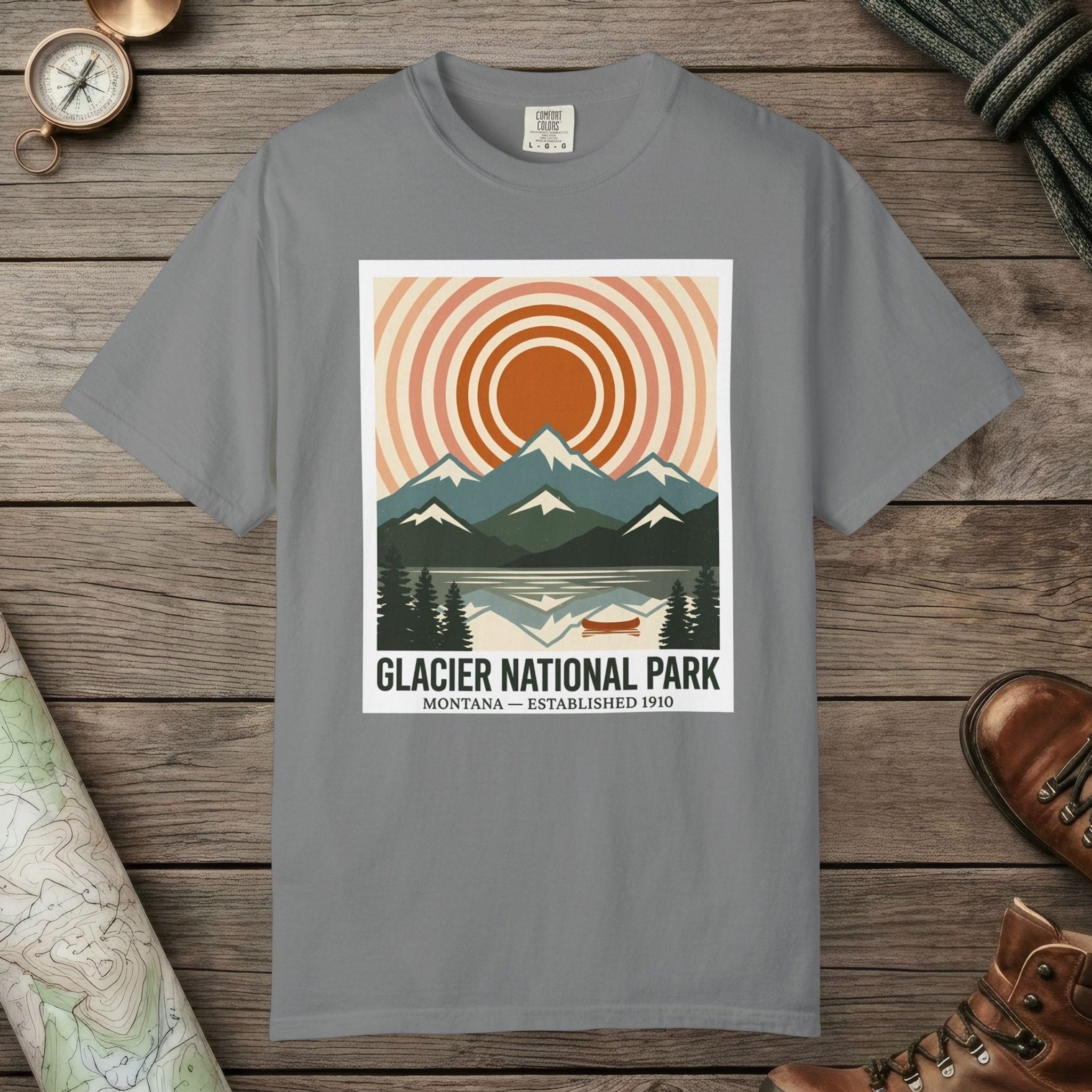 Grey color unisex graphic t-shirt with "Glacier National Park" design