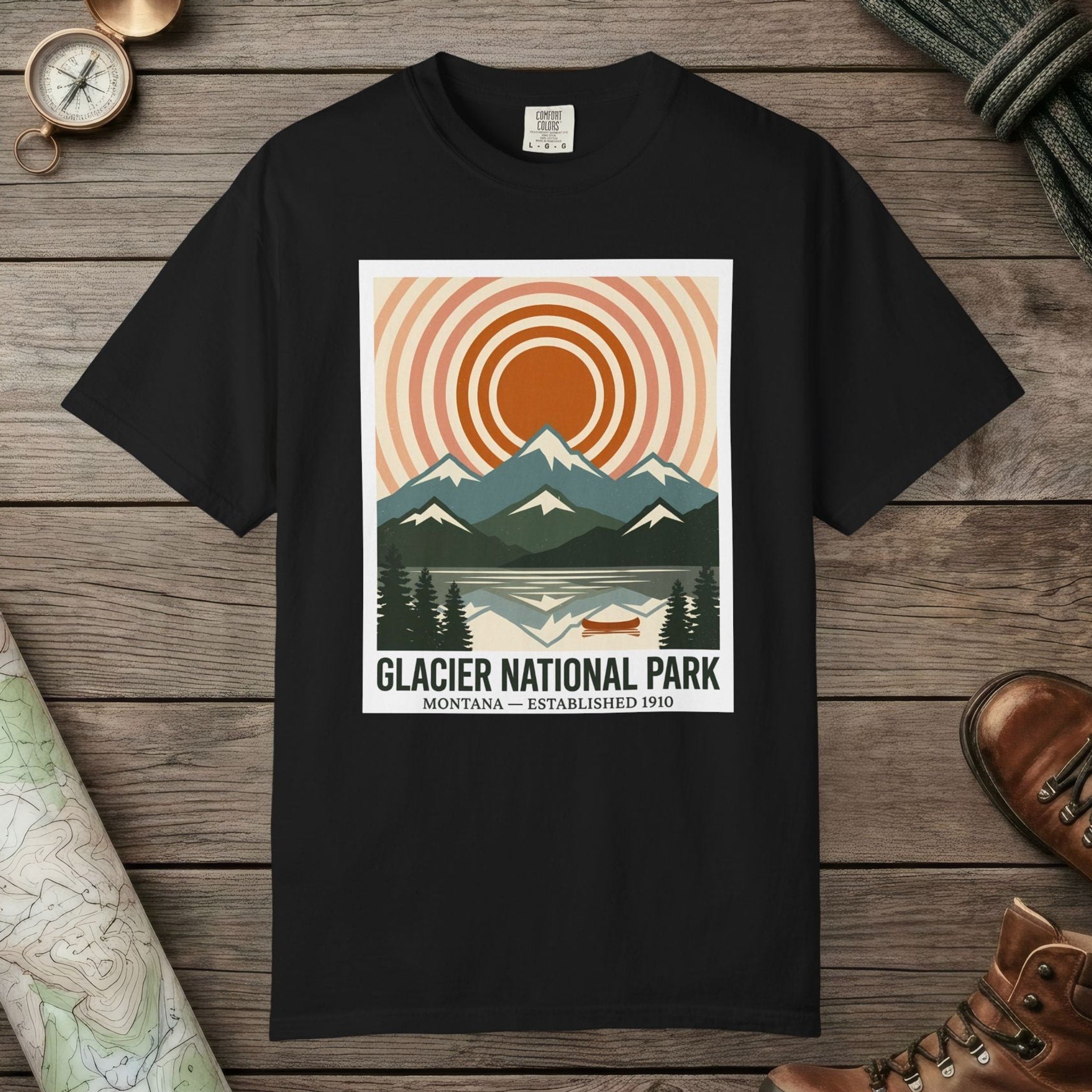 Black color unisex graphic t-shirt with "Glacier National Park" design