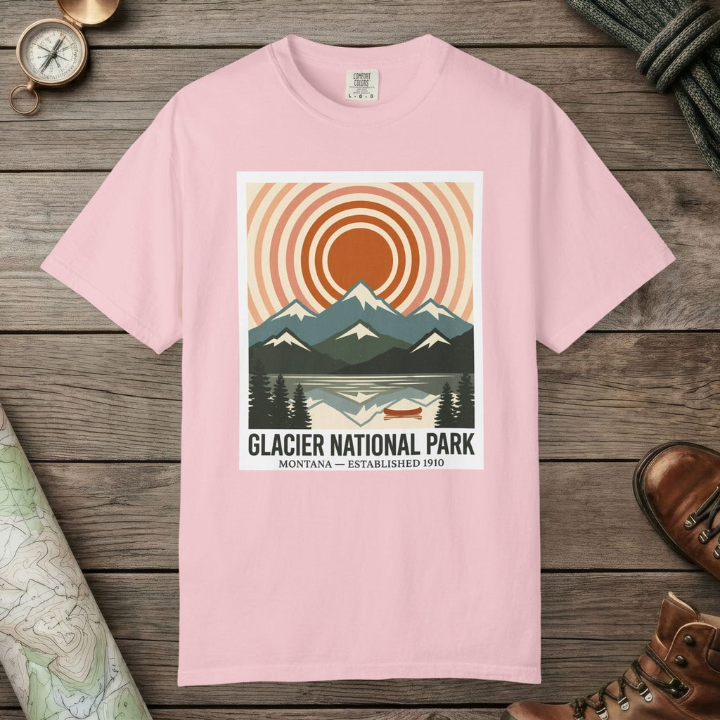 Blossom color unisex graphic t-shirt with "Glacier National Park" design