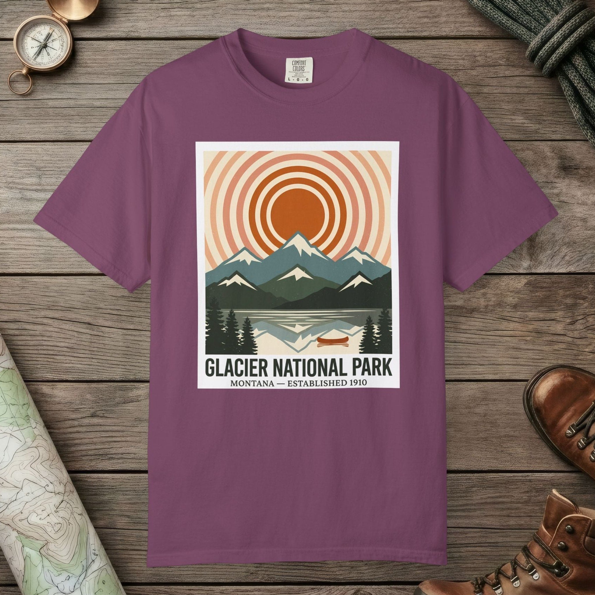 Berry color unisex graphic t-shirt with "Glacier National Park" design