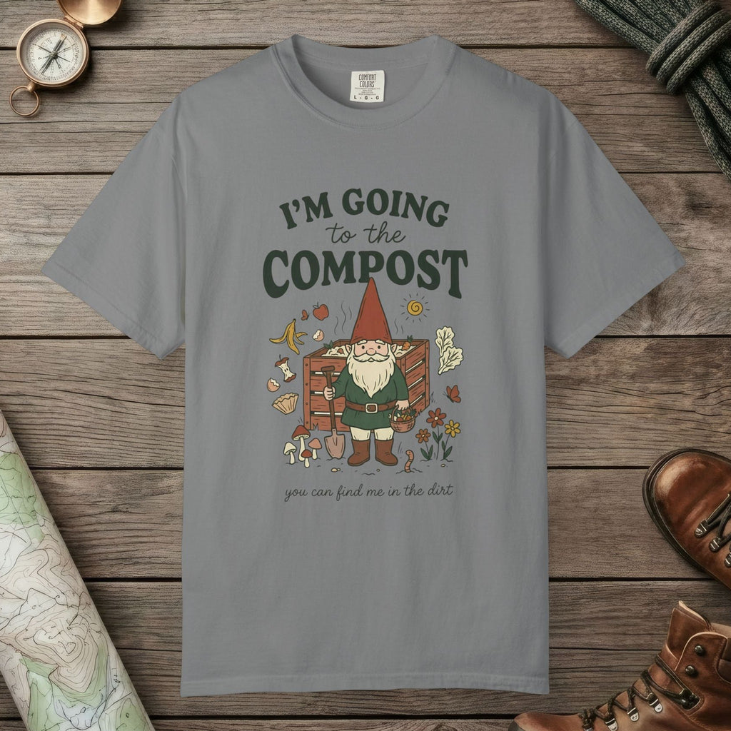Grey color unisex graphic t-shirt with "Going To The Compost" design