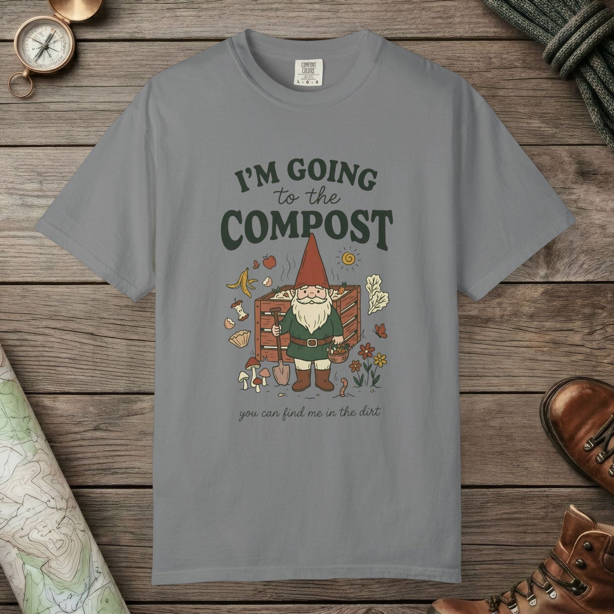 Grey color unisex graphic t-shirt with "Going To The Compost" design