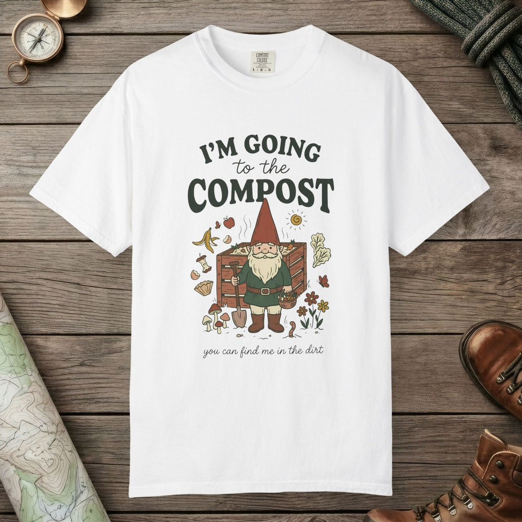 White color unisex graphic t-shirt with "Going To The Compost" design