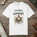 White color unisex graphic t-shirt with "Going To The Compost" design