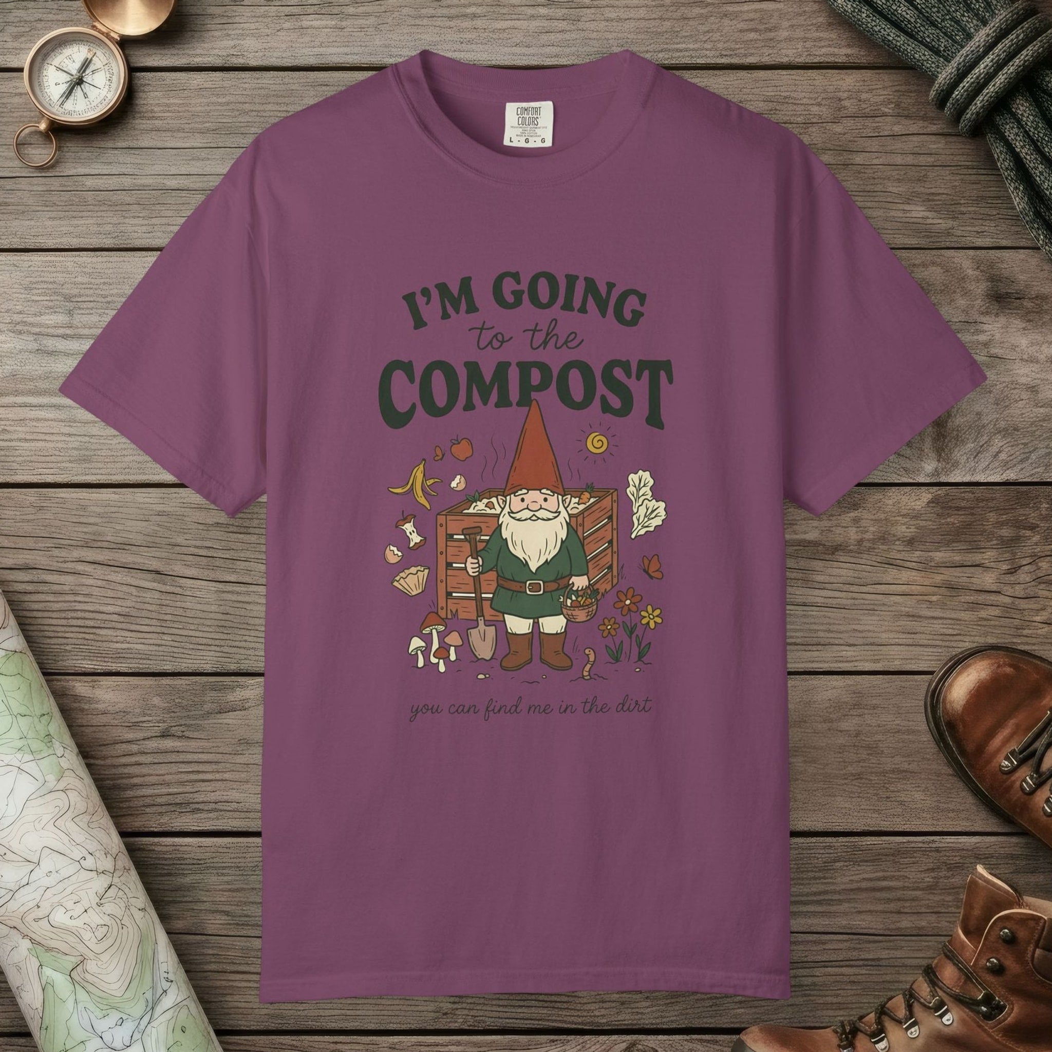 Berry color unisex graphic t-shirt with "Going To The Compost" design