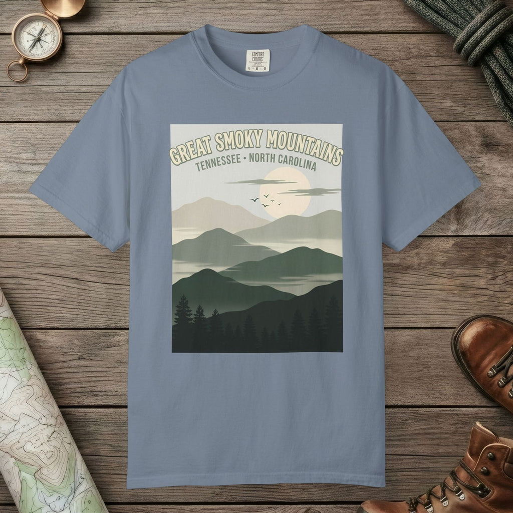 Blue Jean color unisex graphic t-shirt with "Great Smoky Mountains" design