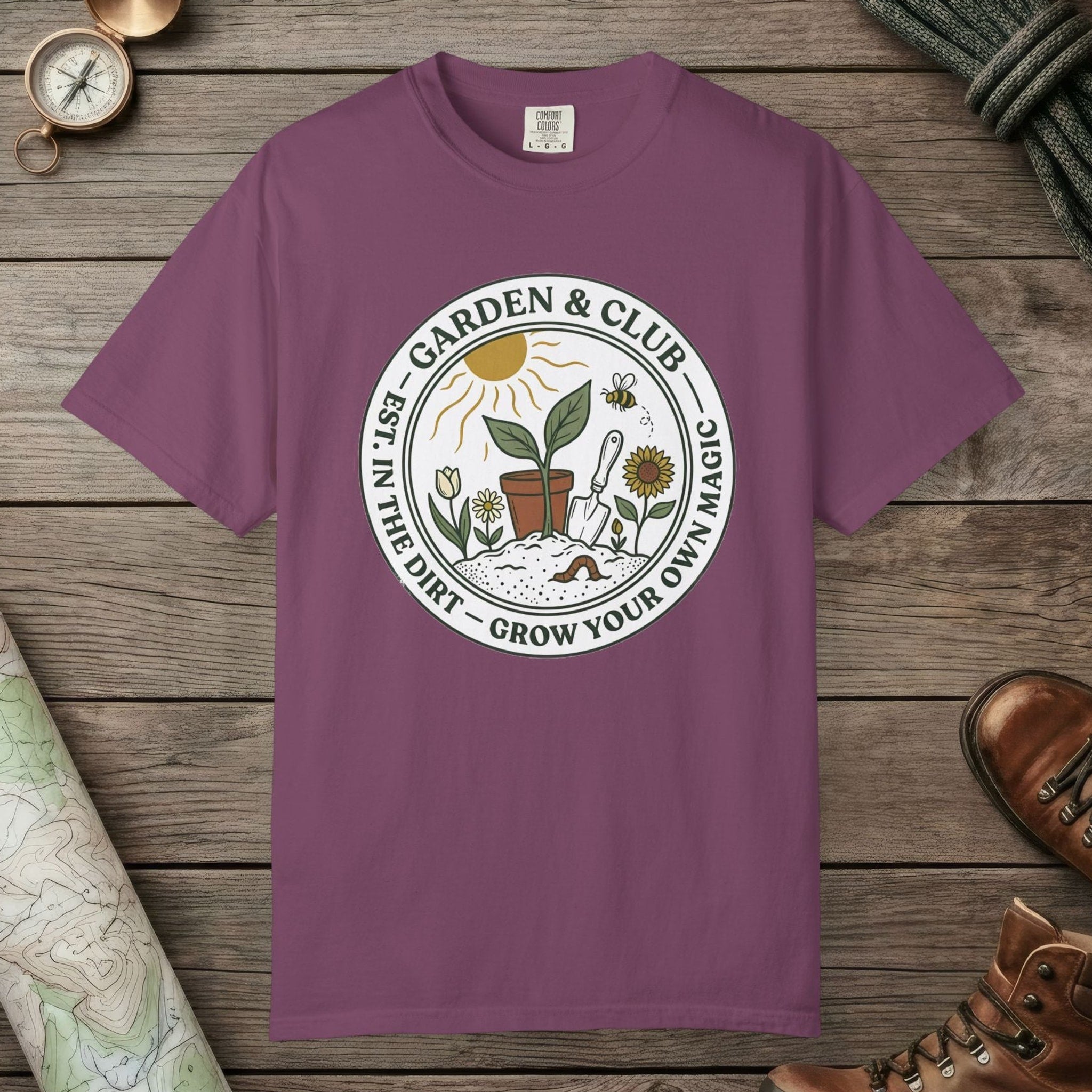 Berry color unisex graphic t-shirt with "Grow Your Own Magic Garden" design