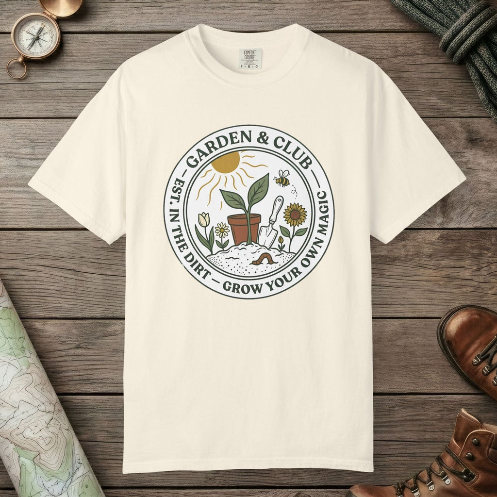 Ivory color unisex graphic t-shirt with "Grow Your Own Magic Garden" design