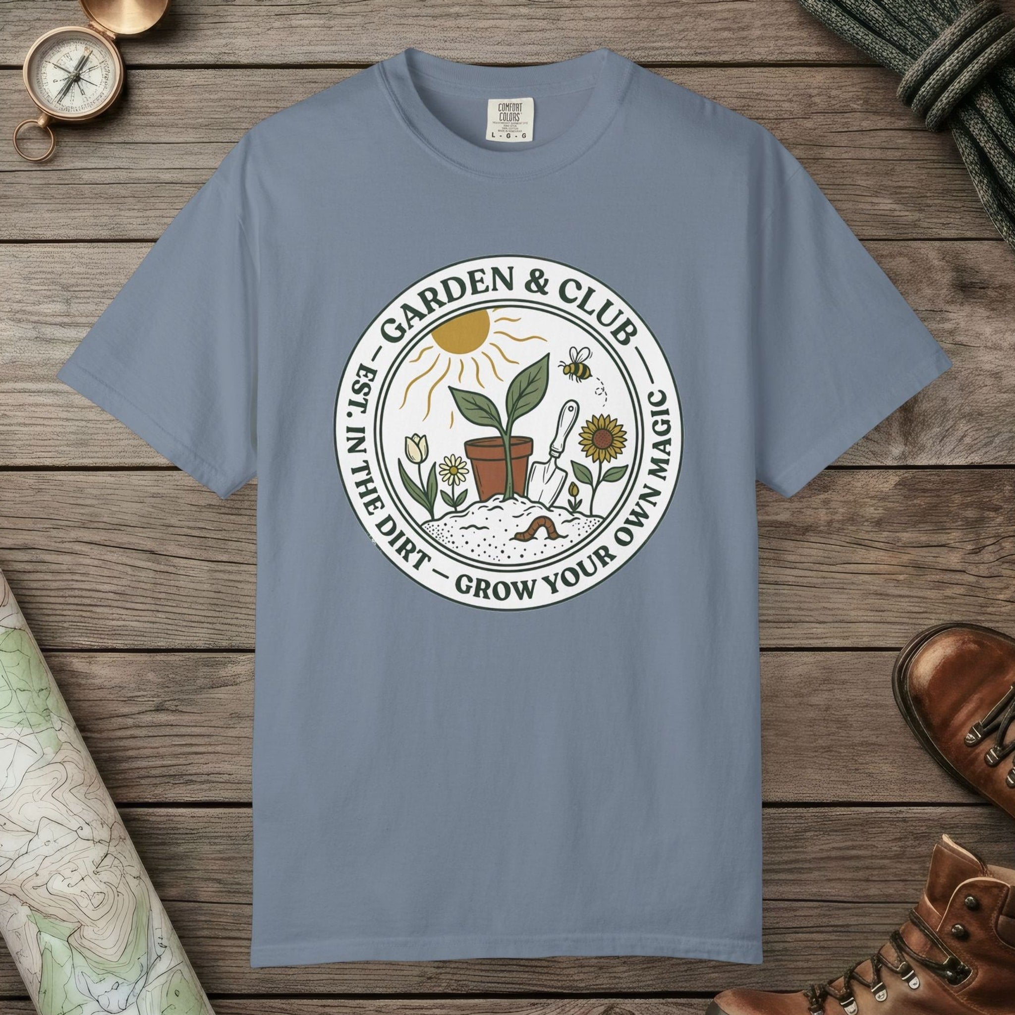 Blue Jean color unisex graphic t-shirt with "Grow Your Own Magic Garden" design