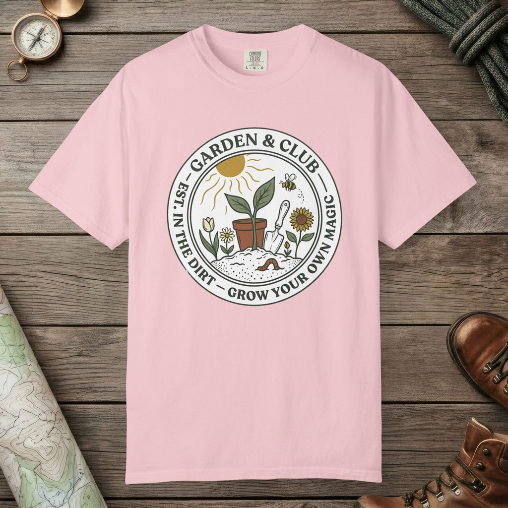 Blossom color unisex graphic t-shirt with "Grow Your Own Magic Garden" design