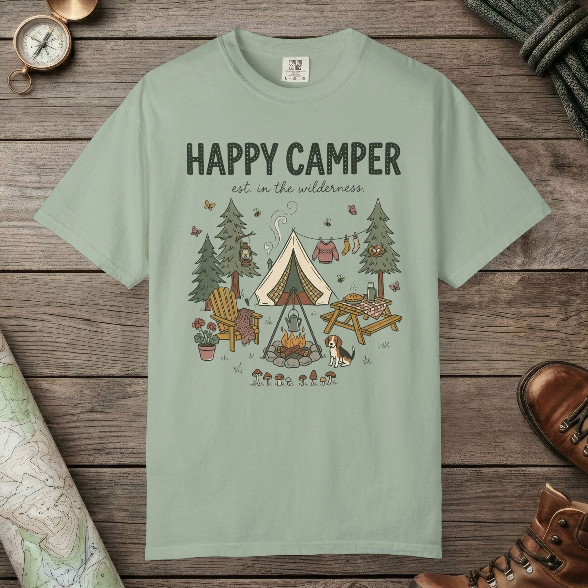Bay color unisex graphic t-shirt with "Happy Camper" design