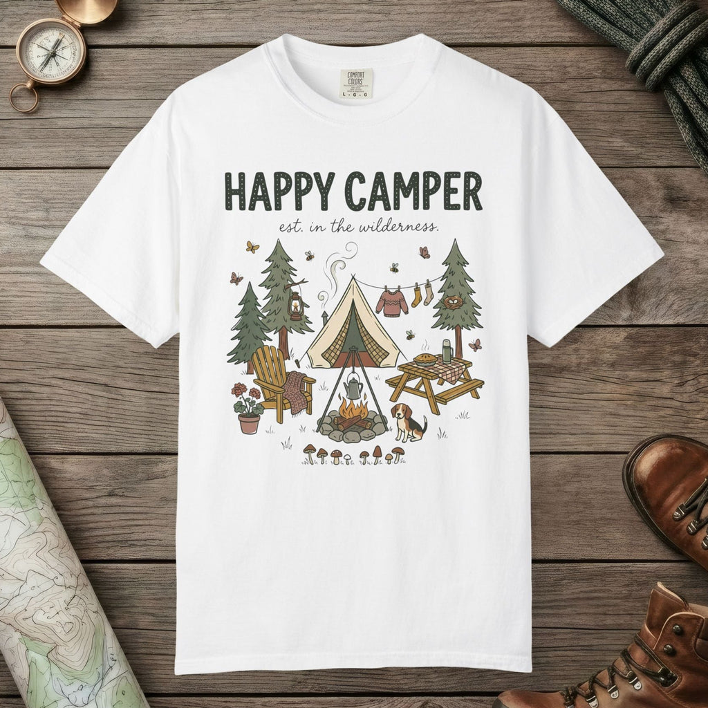 White color unisex graphic t-shirt with "Happy Camper" design