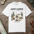 White color unisex graphic t-shirt with "Happy Camper" design