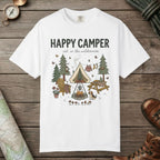 White color unisex graphic t-shirt with "Happy Camper" design