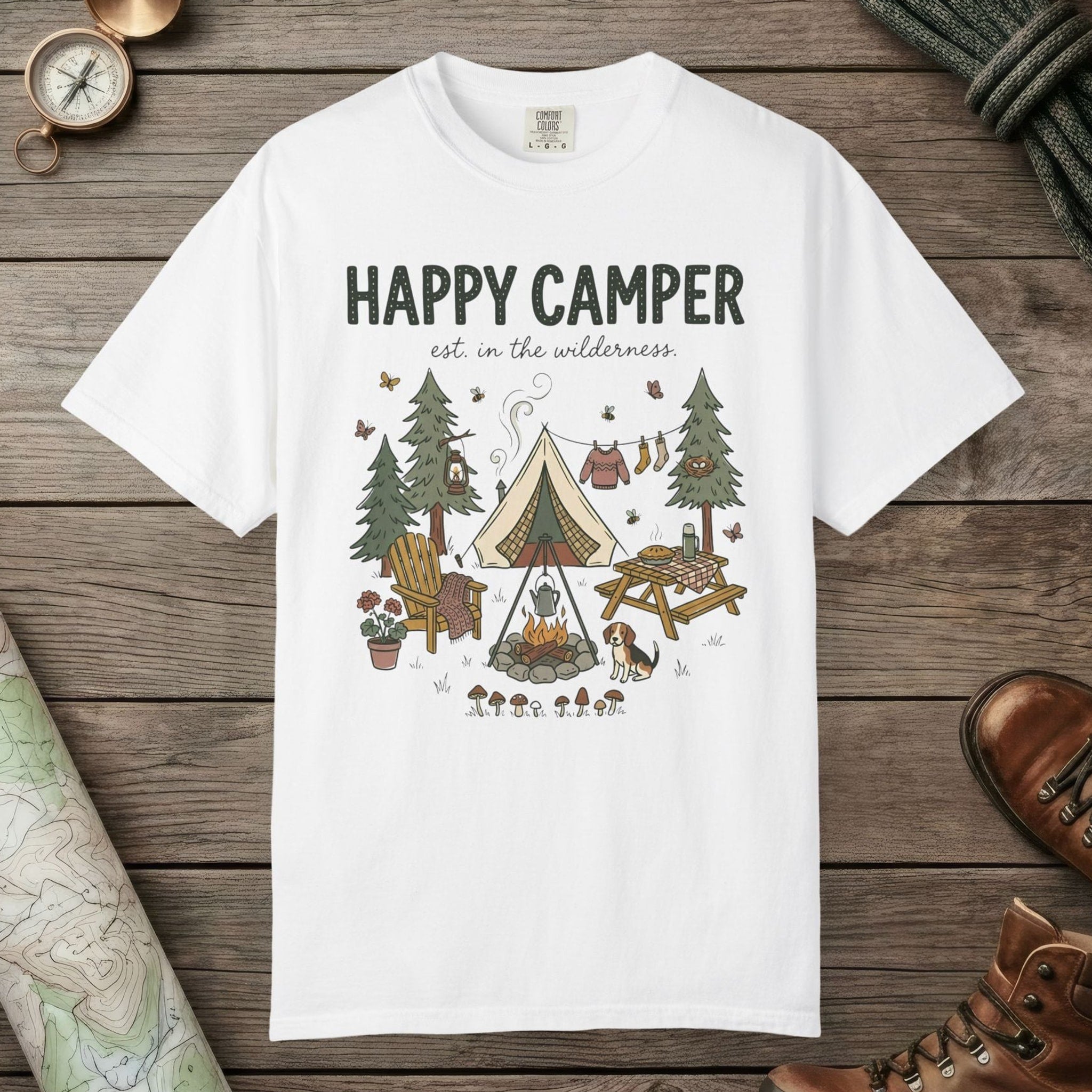 White color unisex graphic t-shirt with "Happy Camper" design