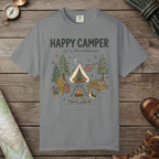 Grey color unisex graphic t-shirt with "Happy Camper" design