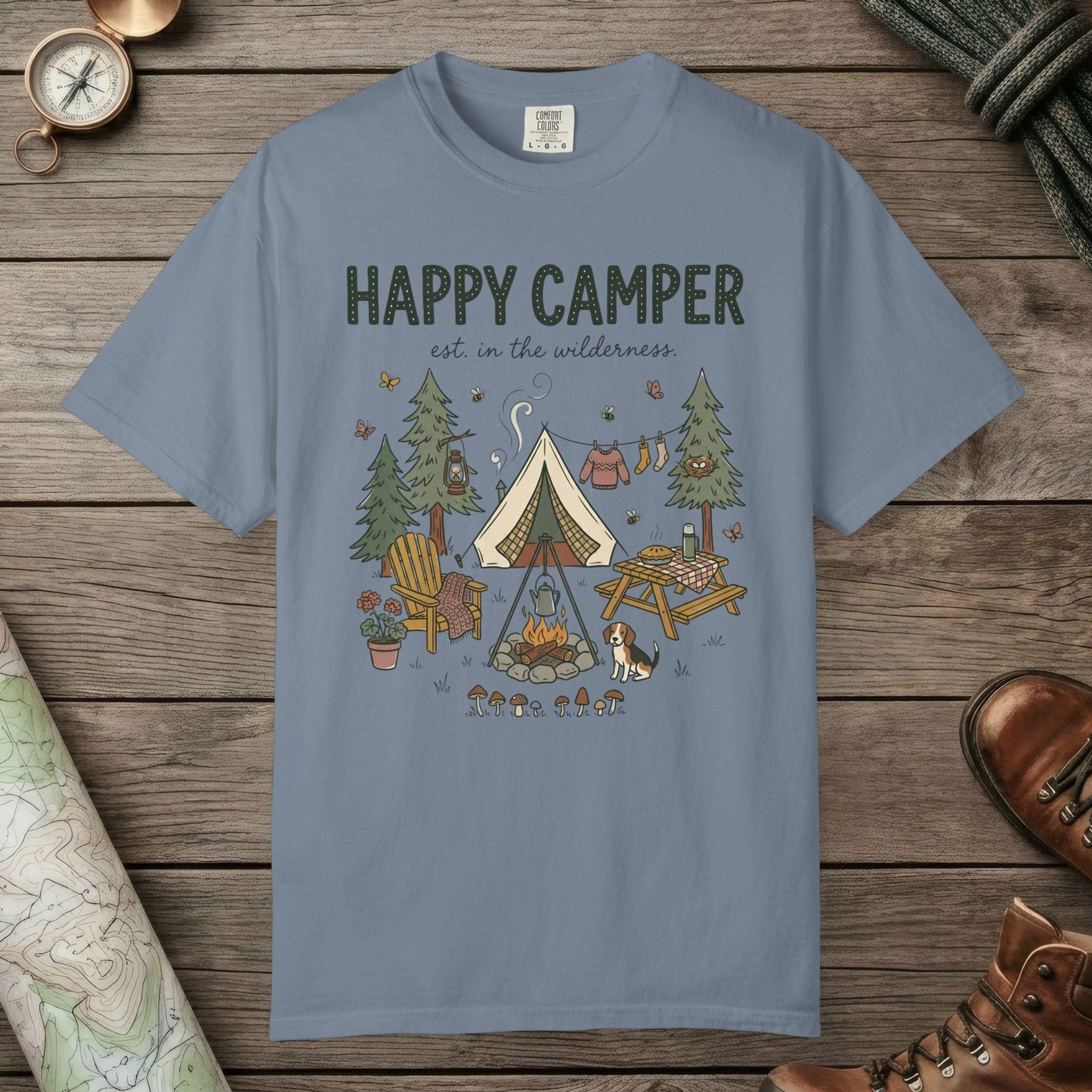 Blue Jean color unisex graphic t-shirt with "Happy Camper" design