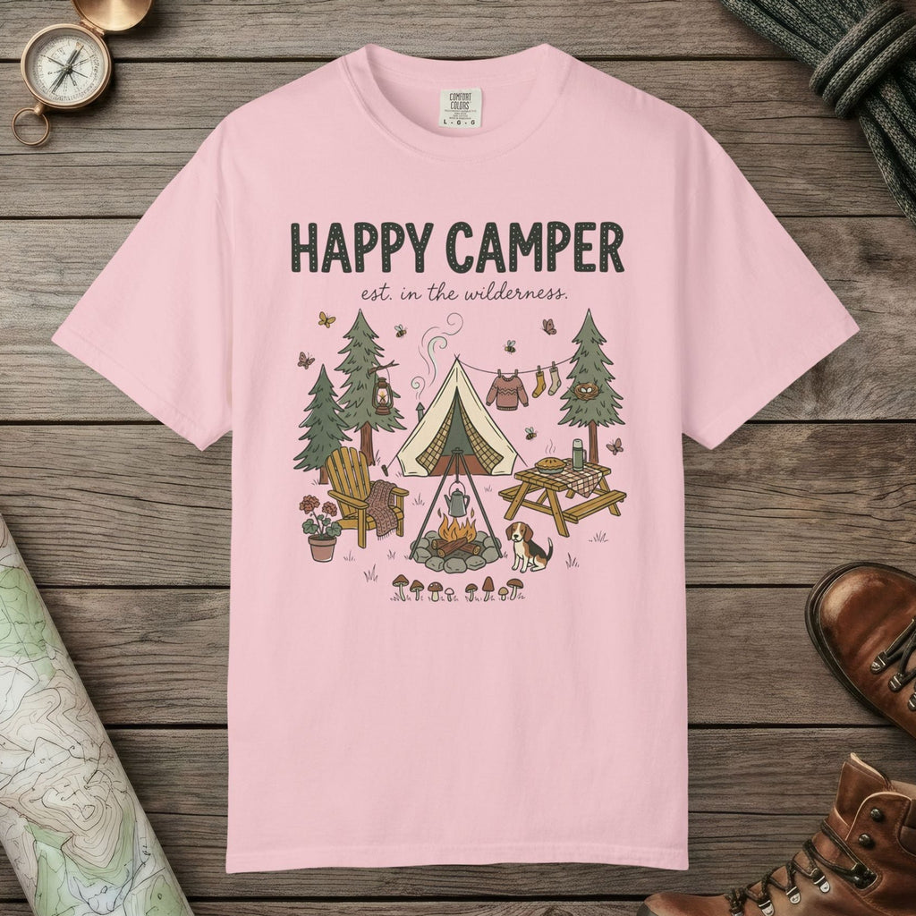 Blossom color unisex graphic t-shirt with "Happy Camper" design