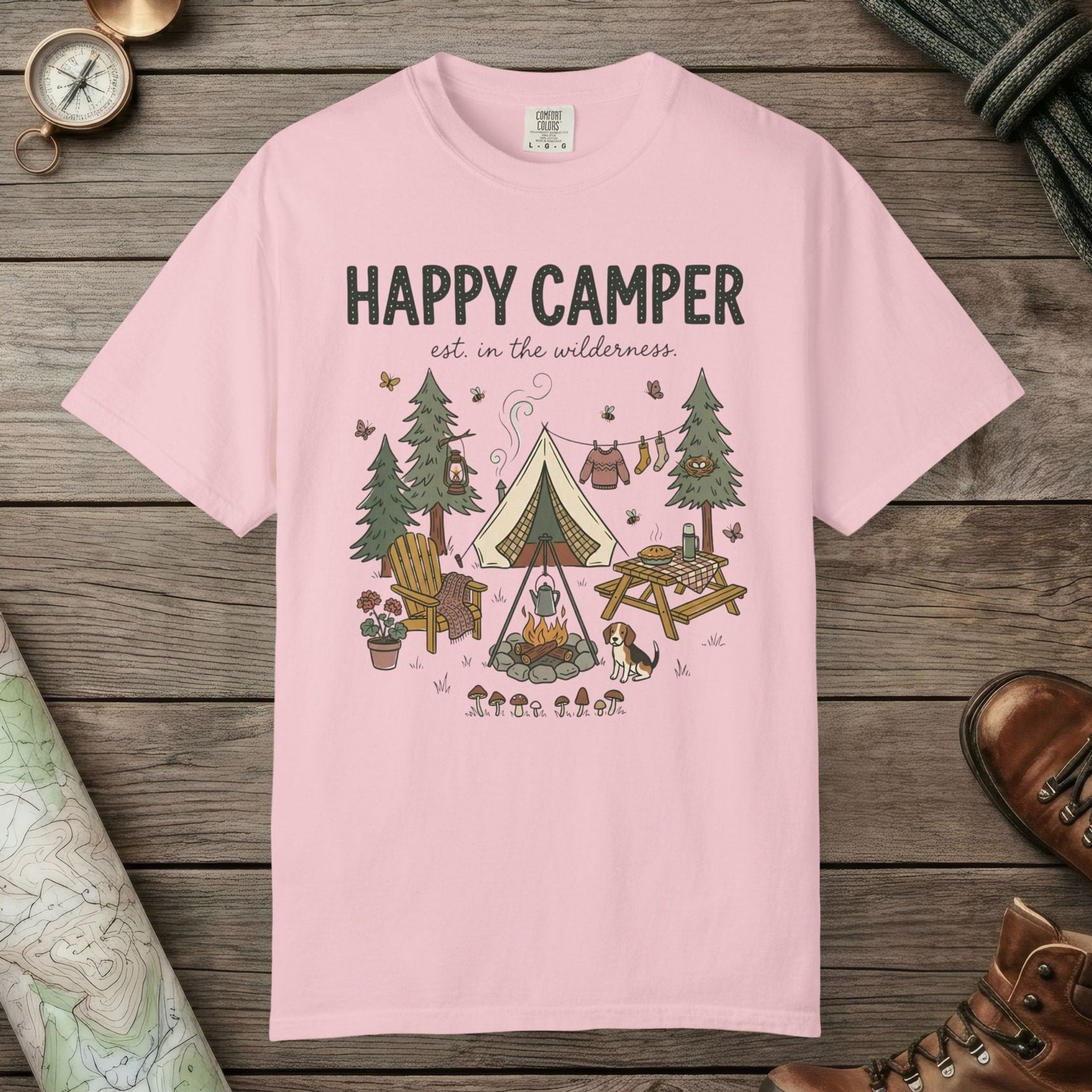 Blossom color unisex graphic t-shirt with "Happy Camper" design
