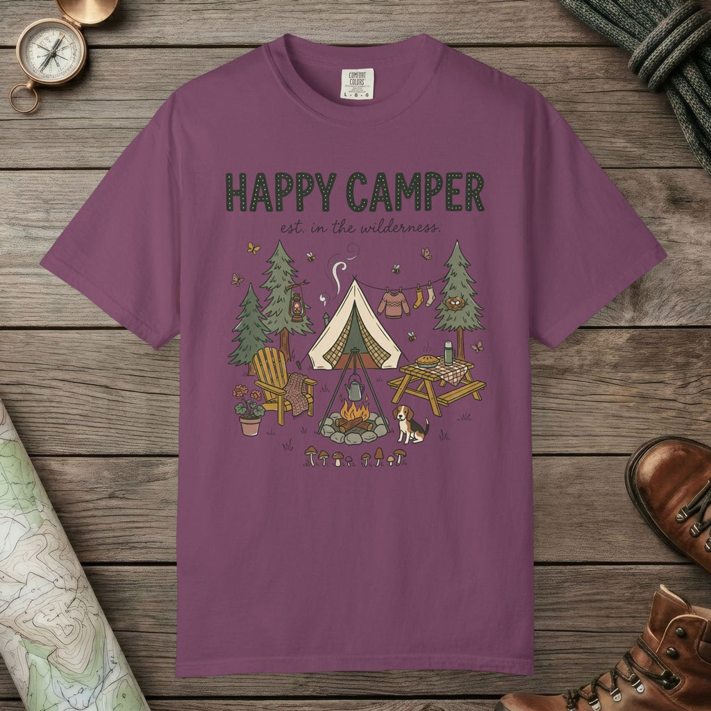 Berry color unisex graphic t-shirt with "Happy Camper" design