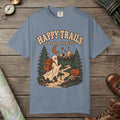 Blue Jean color unisex graphic t-shirt with "Happy Trails Afterlife" design