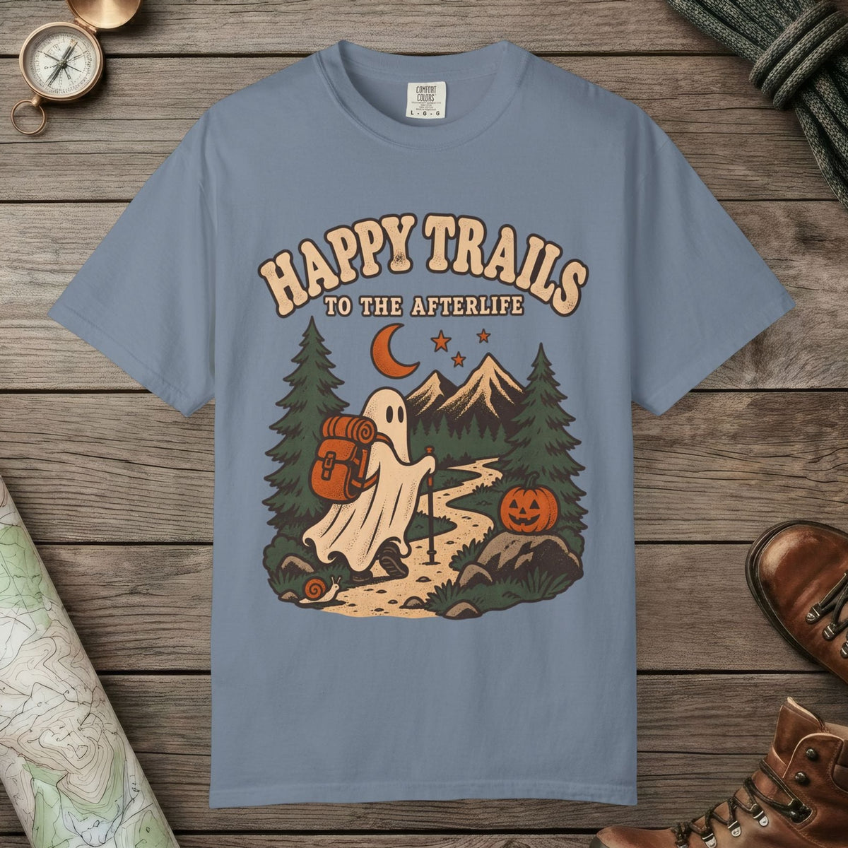 Blue Jean color unisex graphic t-shirt with "Happy Trails Afterlife" design