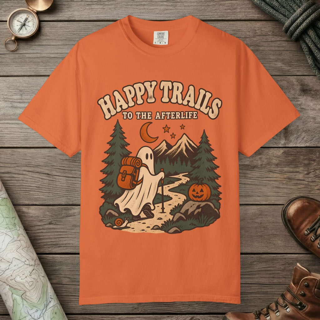 Burnt Orange color unisex graphic t-shirt with "Happy Trails Afterlife" design