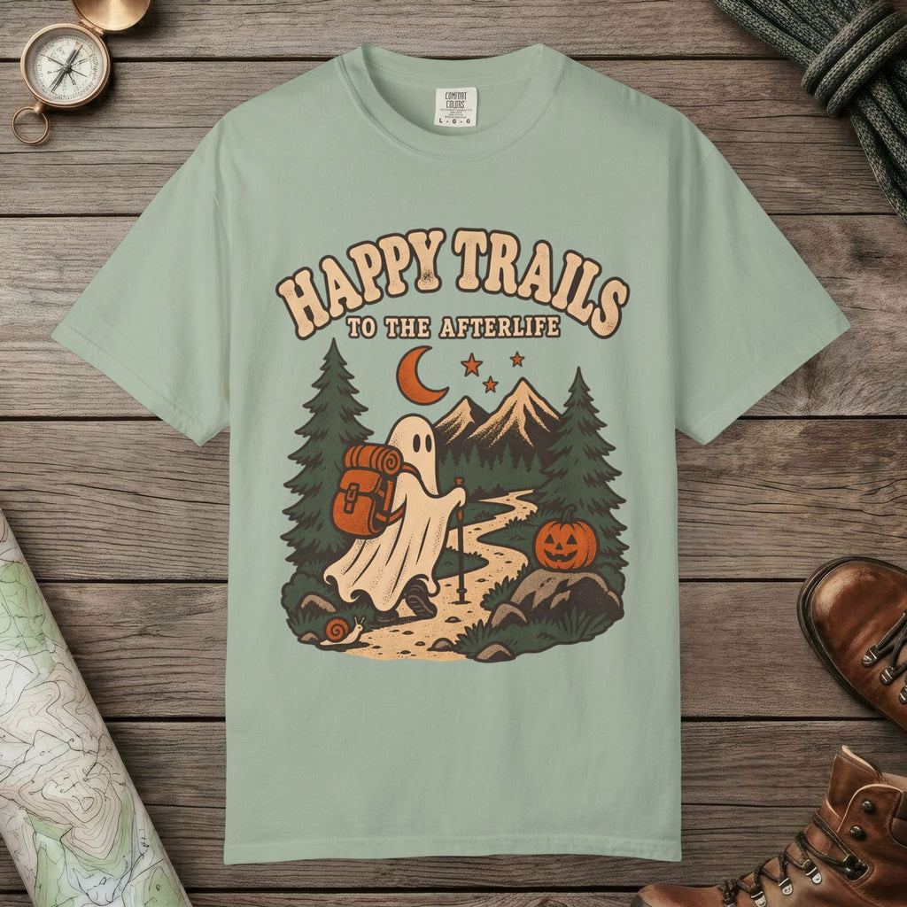 Bay color unisex graphic t-shirt with "Happy Trails Afterlife" design