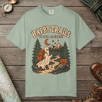 Bay color unisex graphic t-shirt with "Happy Trails Afterlife" design
