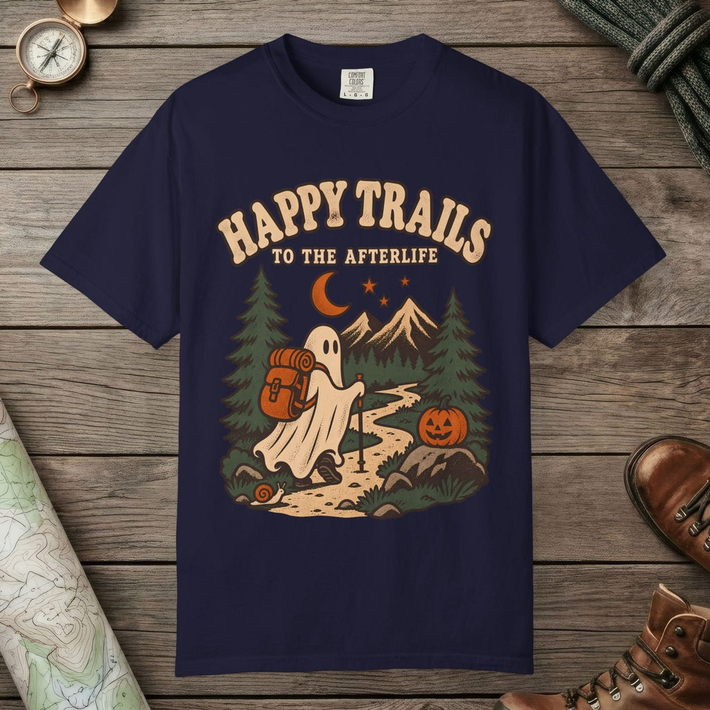 True Navy color unisex graphic t-shirt with "Happy Trails Afterlife" design