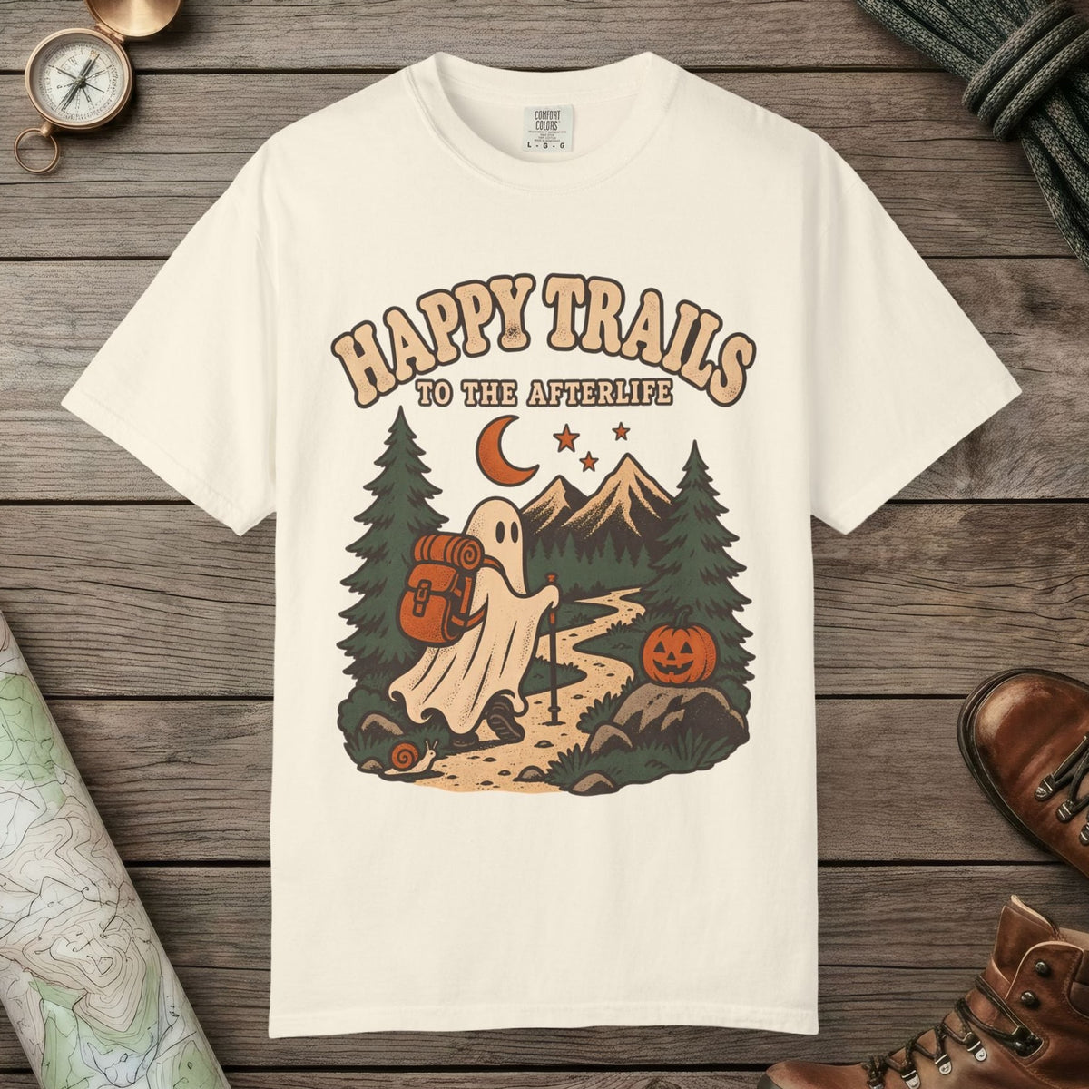 Ivory color unisex graphic t-shirt with "Happy Trails Afterlife" design