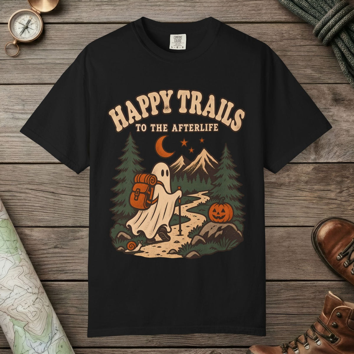 Black color unisex graphic t-shirt with "Happy Trails Afterlife" design