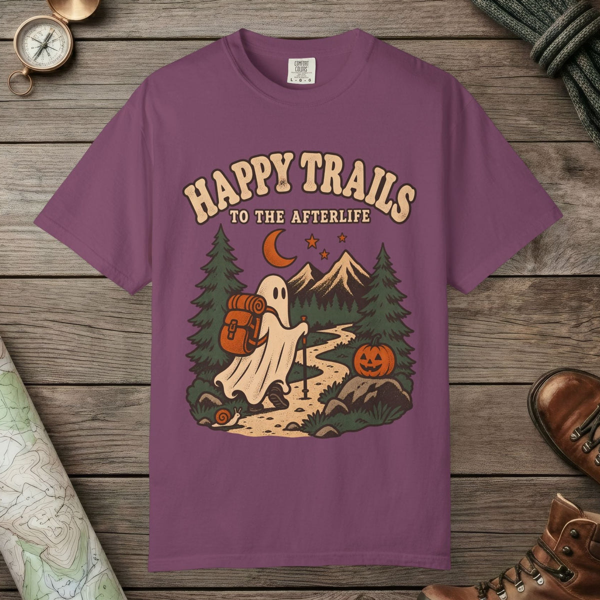 Berry color unisex graphic t-shirt with "Happy Trails Afterlife" design