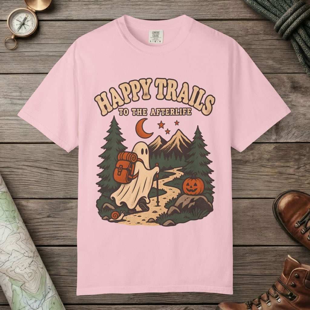 Blossom color unisex graphic t-shirt with "Happy Trails Afterlife" design