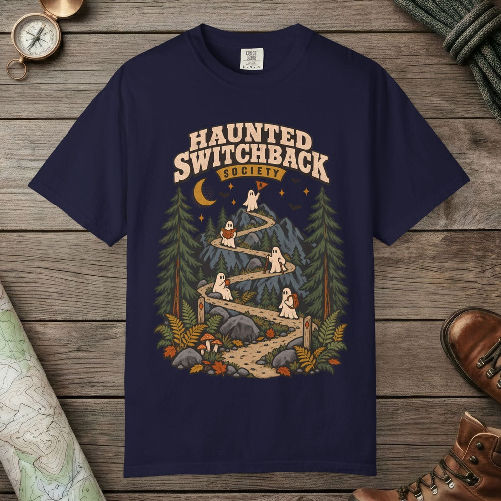 True Navy color unisex graphic t-shirt with "Haunted Switchback Society" design