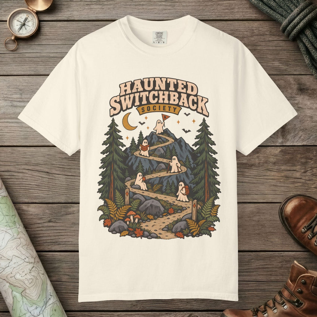 Ivory color unisex graphic t-shirt with "Haunted Switchback Society" design