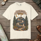Ivory color unisex graphic t-shirt with "Haunted Switchback Society" design