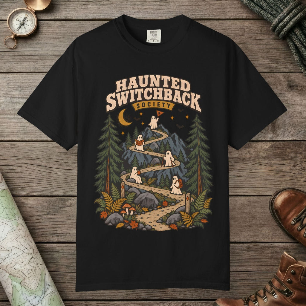 Black color unisex graphic t-shirt with "Haunted Switchback Society" design