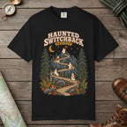 Black color unisex graphic t-shirt with "Haunted Switchback Society" design